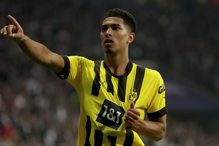 Jude Bellingham celebrates after scoring for Borussia Dortmund