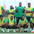 The Super Eagles stars led by Stanley Nwabali and Alex Iwobi celebrate winning a session.
