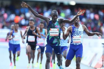 Emmanuel Wanyonyi reacts to setting world leading time following dominating 800m display at Kip Keino Classic