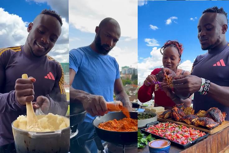 Ex-Shujaa speedstar Dennis Ombachi hosts Ferdinand Omanyala & wife to scrumptious delicacy