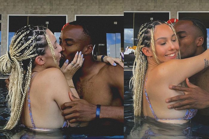 Super Eagles of Nigeria star Sopuruchukwu Bruno Onyemaechi shares a kiss with girlfriend Ines Fontes in the swimming pool.