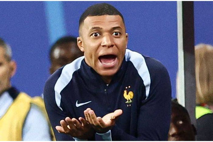 A shocked Kylian Mbappe reacts from Leipzig during the game agaunst the Netherlands.