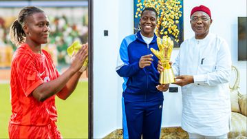 Super Falcons: Chiamaka Nnadozie presents CAF Award to Imo State Governor