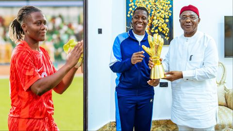 Super Falcons: Chiamaka Nnadozie presents CAF Award to Imo State Governor
