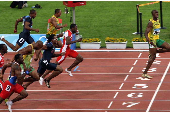 Usain Bolt coasting home to claim his world record in what is one of sports' most iconic moments.