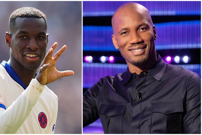 Nicolas Jackson (left) and Didier Drogba, Chelsea legend.