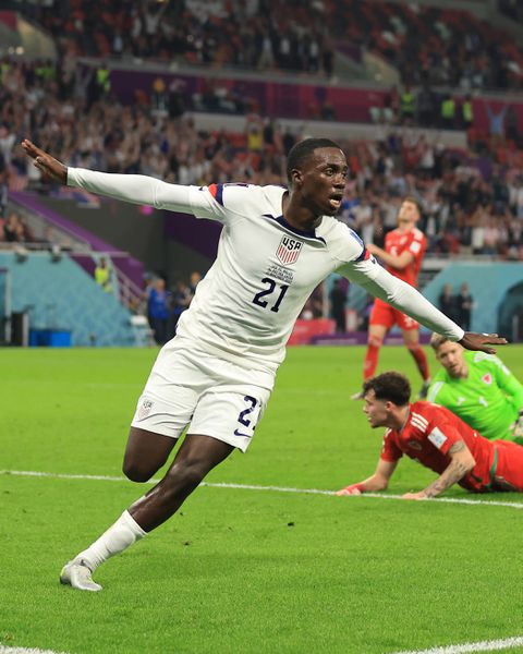 Timothy Weah in full flight after his goal against Wales at the 2022 FIFA World Cup on November 21, 2022.