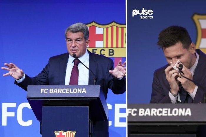 Joan Laporta (L) Lionel Messi (R) 2021 send off || Image credit: Imago