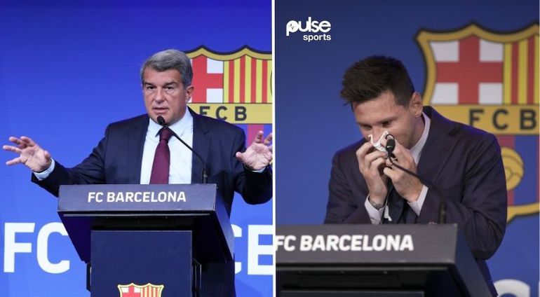 Joan Laporta (L) Lionel Messi (R) 2021 send off || Image credit: Imago
