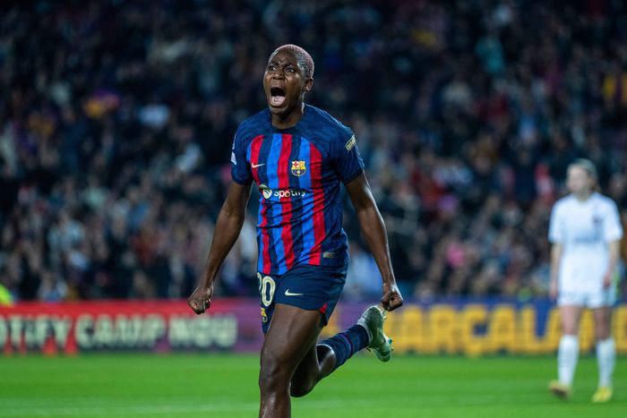 December 21, 2022, BARCELONA, BARCELONA, SPAIN: Asisat Oshoala of FC Barcelona, Barca celebrates a goal during UEFA WomenÃ¢â‚¬â ¢s Champions League, football match played between FC Barcelona and FC Rosengard at Spotify Camp Nou on November 24, 2022