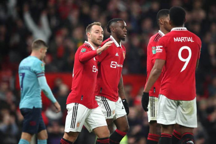 Christian Eriksen celebrates after scoring the opening goal for Manchester United against Burnley