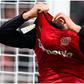 Leverkusen hero Schick celebrates one of his goals.