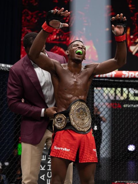 South Africa's Nkosi Ndebele celebrates the PFL Africa win.