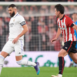 Karim Benzema of Real Madrid CF and Dani Vivian of Athletic Club during the La Liga match between Athletic Club and Real Madrid played at San Mames