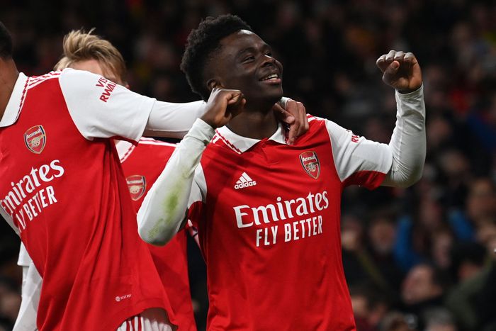 Bukayo Saka celebrates his for for Arsenal