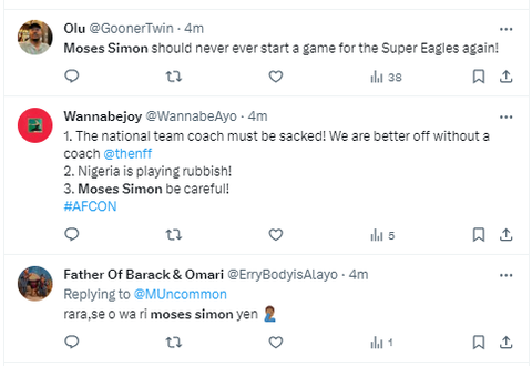 Nigerians are not happy with Moses Simon despite the Super Eagles' 1-0 win against Guinea-Bissau in their final AFCON 2023 group game.