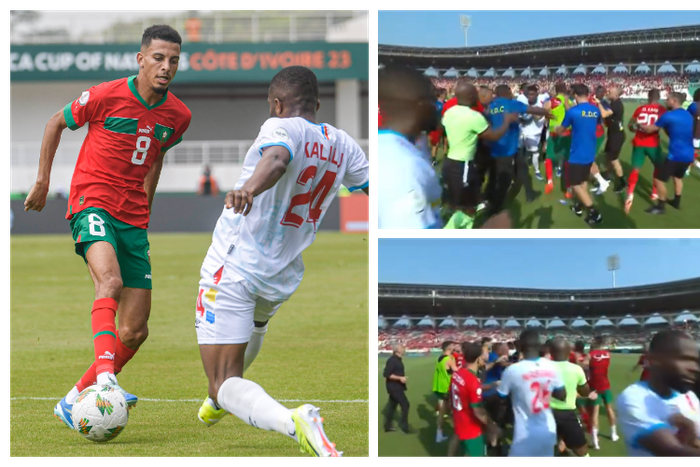 DR Congo and Morocco players engage in a fight