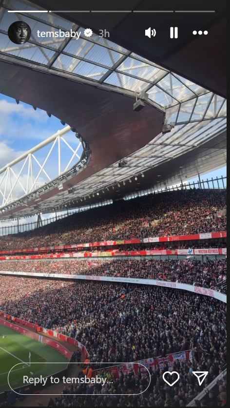 Afrobeats superstar Tems shared via Instagram that she was in attendance as Arsenal lost to Wolves at the Emirates Stadium on February 22nd, 2024 || Image credit: Tems Instagram story screenshot