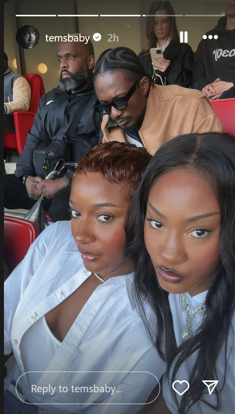 Tems posted a picture of her and Ayra Starr watching Arsenal vs Wolves at Emirates Stadium on February 22nd, 2025 || Image credit: Tems Instagram story