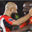 African superstars Mbeumo and Wissa celebrate for the Bees against Leicester.