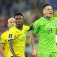 Vinicius Jr and Ederson during Brazil’s World Cup match in Qatar.