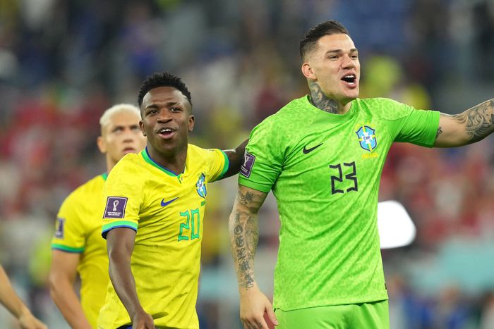 Vinicius Jr and Ederson during Brazil’s World Cup match in Qatar.