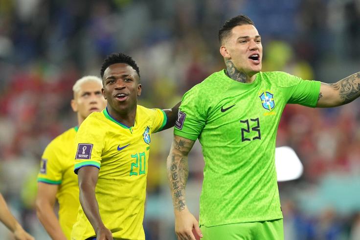 Vinicius Jr and Ederson during Brazil’s World Cup match in Qatar.