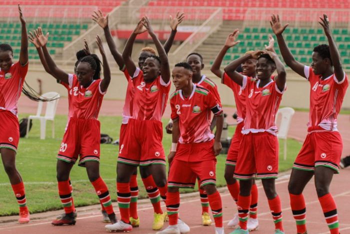 Harambee Starlets celebrating a goal.