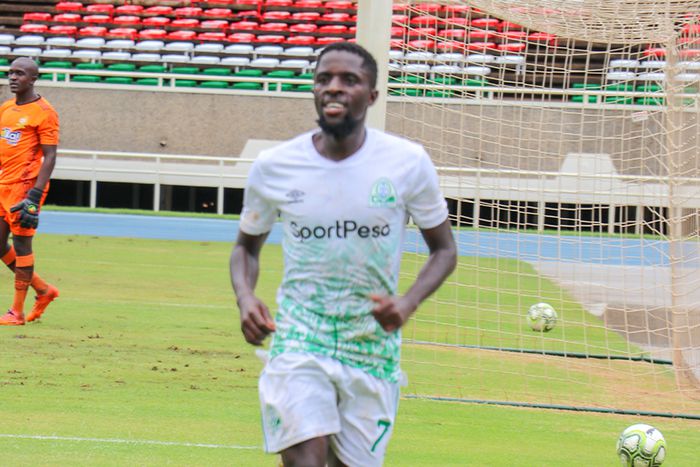 Austin Odhiambo celebrates his goal during Gor Mahia's 1-0 win over Kenya Police at the Kasarani Stadium on Saturday.