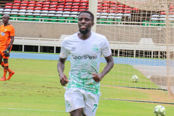 Austin Odhiambo celebrates his goal during Gor Mahia's 1-0 win over Kenya Police at the Kasarani Stadium on Saturday.