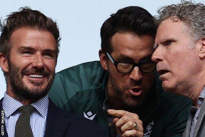 Inter Miami Co-owner David Beckham (L) and Hollywood actors Ryan Reynolds (C) and Will Ferrel (R)