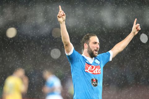Argentinian striker Gonzalo Higuain celebrates scoring his 36th goal Serie A goal for Napoli in 2015/16