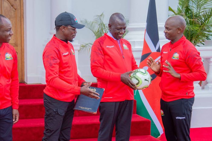 President William Ruto, Sports CS Ababu Namwamba and FKF president Nick Mwendwa.