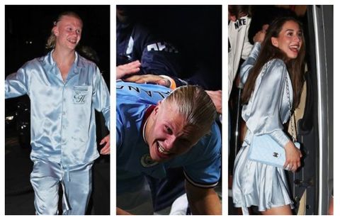 Erling Haaland and girlfriend Isabel Johansen celebrate Man City win in pyjamas