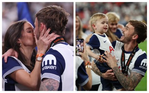 Maddison kisses partner to celebrate Europa League victory after lifting trophy