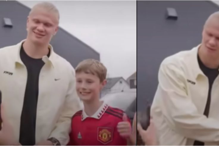 Haaland covers Man United logo on young fan's shirt while taking photos with him