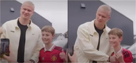 Haaland covers Man United logo on young fan's shirt while taking photos with him