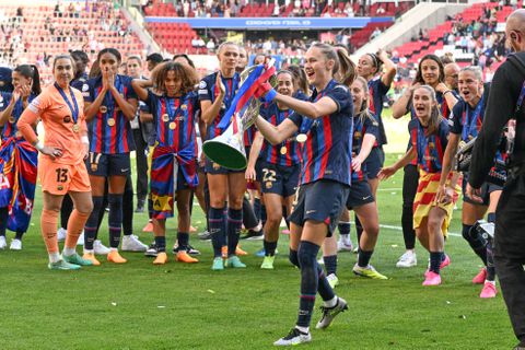 Barcelona's Caroline Graham Hansen with the UEFA Women's Champions League trophy