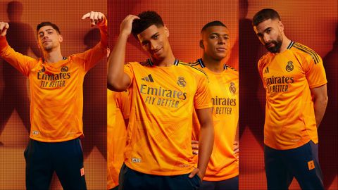 Mbappe and Bellingham model Orange Real Madrid away jersey