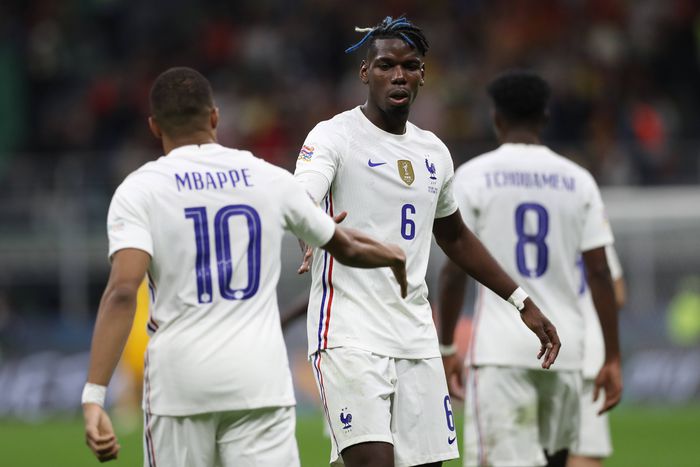 Kylian Mbappe of France celebrates with team mate Paul Pogba after scoring to give the side a 2-1 lead during the UEFA Nations League match at Stadio Giuseppe Meazza, Milan. Picture credit: Jonathan Moscrop