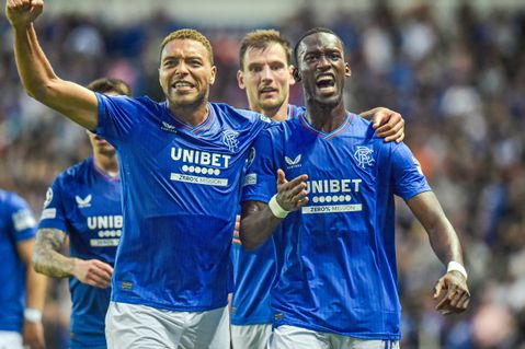 Rangers v PSV Eindhoven UEFA Champions League Abdallah Sima and Cyriel Dessers of Rangers celebrates Abdallah Sima™s goal during the UEFA Champions League Play-Off First Leg match at Ibrox Stadium || Imago