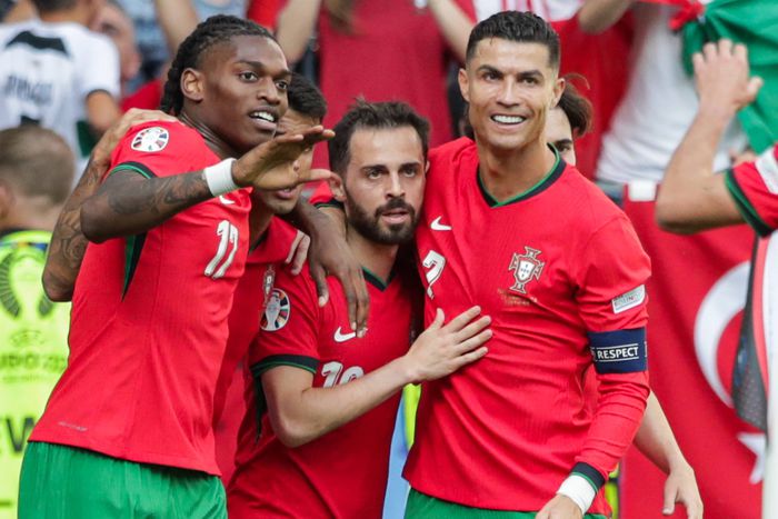 Rafael Leao alongside Portugal teammates Bernardo Silva and Cristiano Ronaldo | Imago