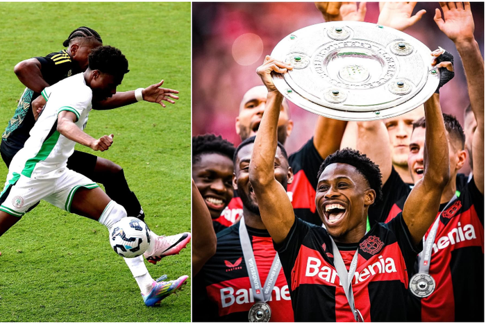 Nathan Tella in action for Nigeria, and Tella celebrates winning the German Bundesliga |Pulsesports.ng