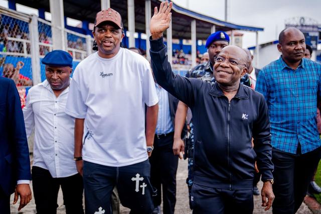 Governor Alex Otti (left) and Nwankwo Kanu at the Enyimba Stadium. (Photo Credit: Otti/Facebook)