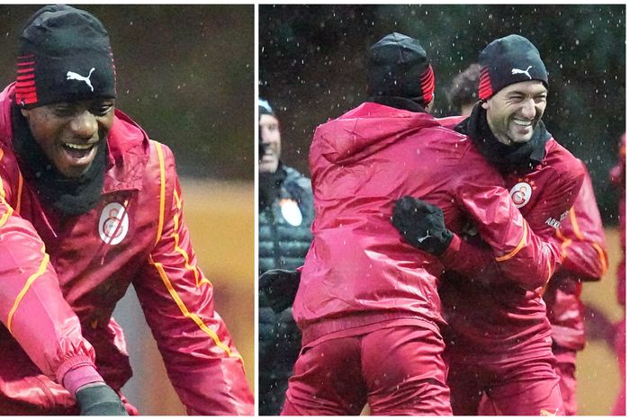 Victor Osimhen smiles with his teammates in training.