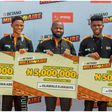 L: R- Betano Country Manager for Nigeria, Mr. Oyindamola Michaels, 3rd Prize Winner, Grand Prize Winner, 2nd Prize Winner, and Marketing Manager, Mr. Omene Osuya during the Betano Millionaire promo grand finale and Cheque presentation