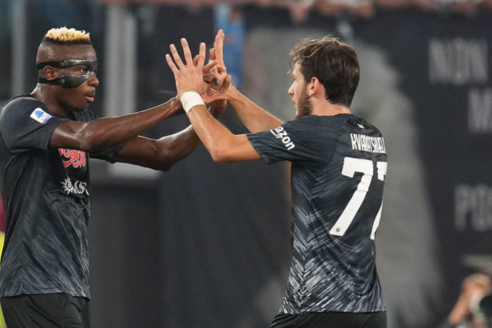Khvicha Kvaratskhelia of SSC Napoli celebrates with Victor Osimhen during the Serie A match between SS Lazio and SSC Napoli