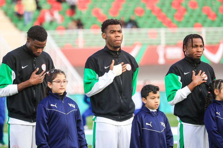 Ryan Alebiosu, Raphael Onyedika and Samuel Chukwueze during the Africa Cup of Nations (AFCON) match between Uganda and Nigeria ||  Photo by Vincent Kamto