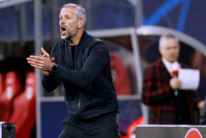 Marco Rose motivating his team from the sidelines against Manchester City