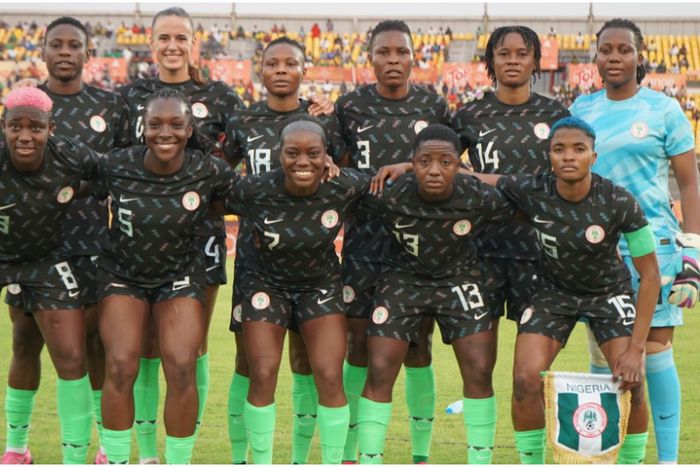 Nigeria Super Falcons line up against Cameroon in Duoala.